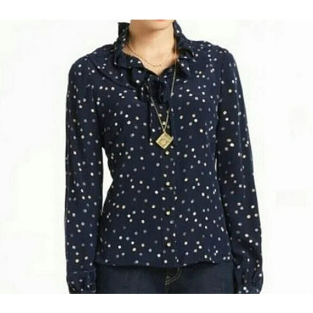 Kate Spade Silk Polka Dot Blouse Size 4 Blue Ruffle Collar Button Up Long Sleeve